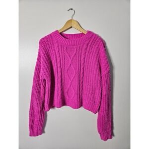 Hot Pink Chenille Cable Knit Cropped Sweater Barbiecore Y2K Large L Nobo